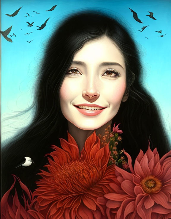 Smiling woman portrait with dark hair, red-orange flowers, and birds on blue background