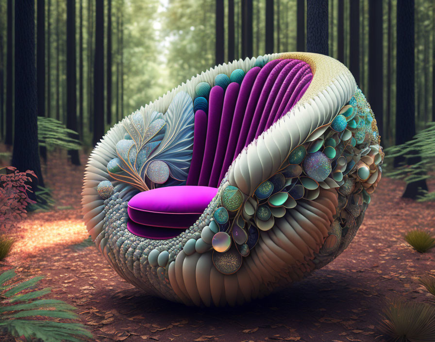 Colorful Shell-Shaped Chair with Pink Cushion in Serene Forest
