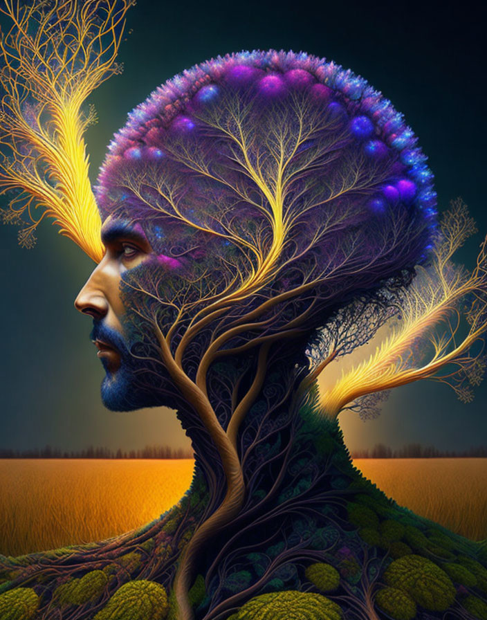 Surreal illustration of man transforming into tree with brain-like canopy