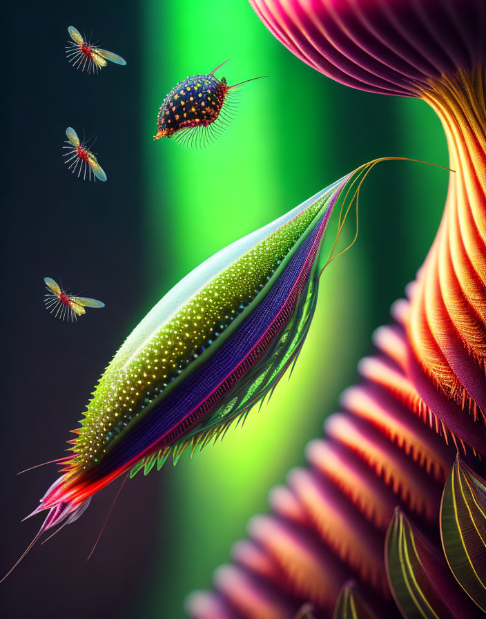 Colorful digital artwork: Whimsical plant with feather-like structure and insect creatures on dual-tone background
