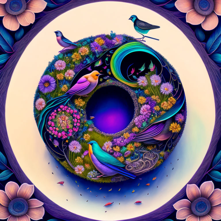 Colorful circular landscape with flora and birds in decorative frame.