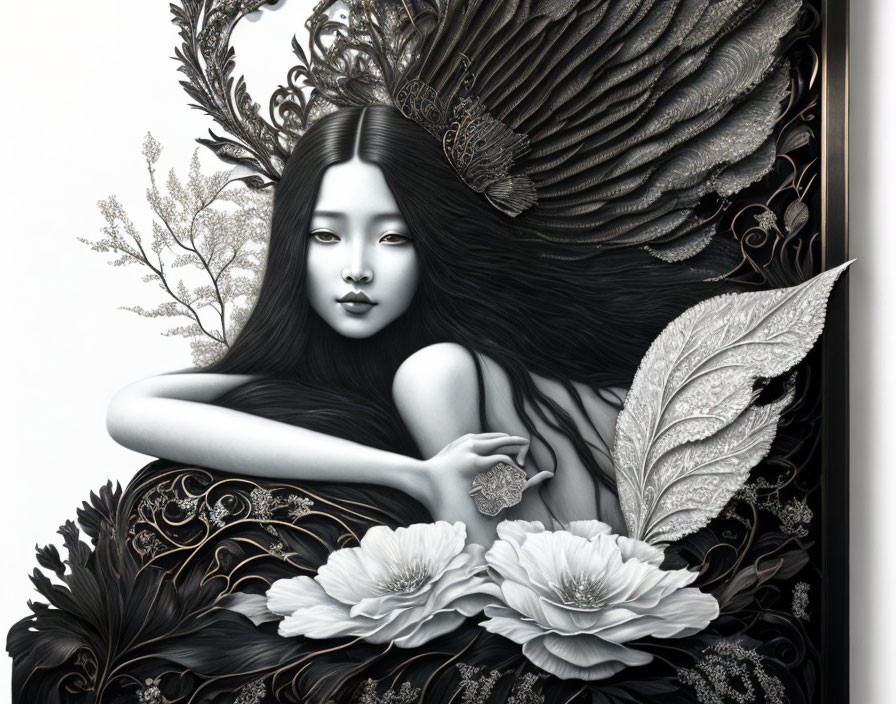 Detailed grayscale illustration of woman with ornate feathers and flowers, emitting serene aura