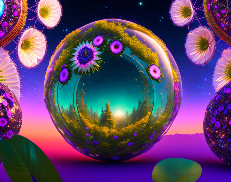 Digital Art: Forest in Sphere with Floating Bubbles