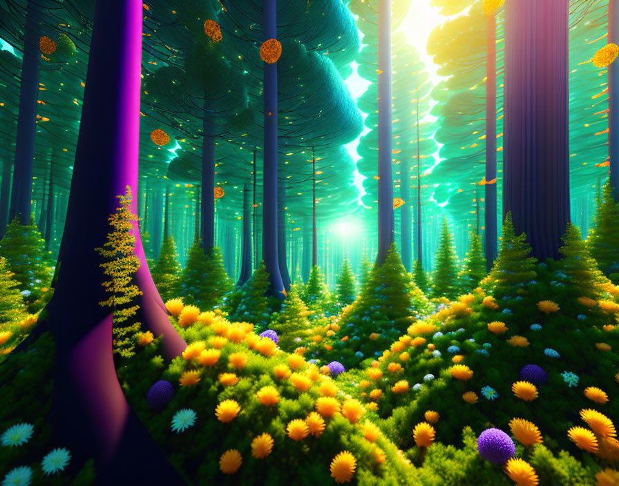 Vibrant neon forest with tall trees and radiant light glow