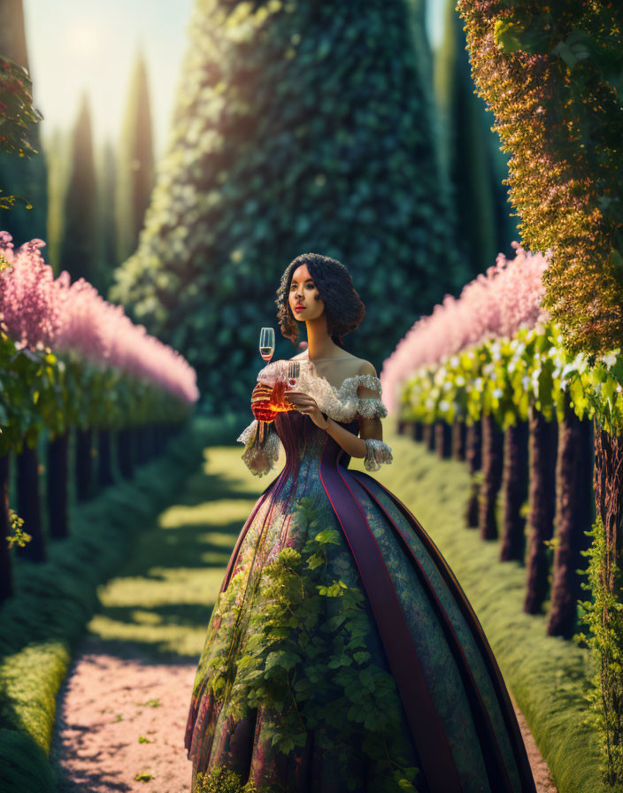 Vintage-dressed woman with wine glass in garden path with purple flowers.
