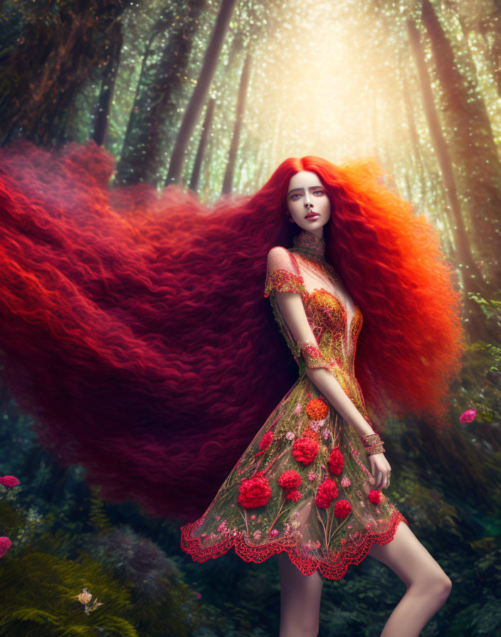 Red-haired woman in flowery dress in mystical forest with light rays.