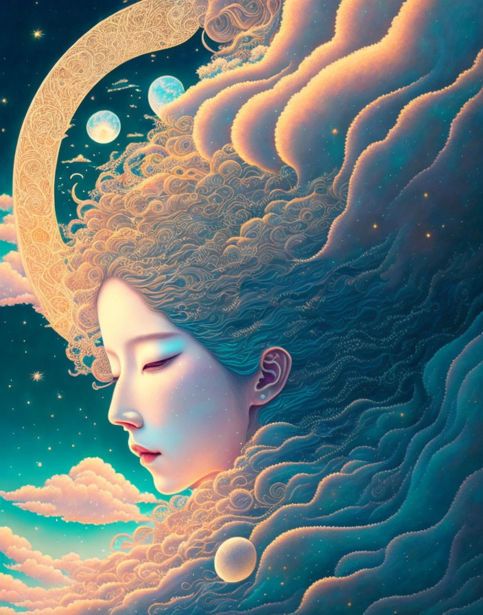 Tranquil woman's face merges with cosmic landscape, crescent moon, stars, swirling clouds.