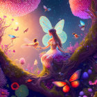 Whimsical fairy on tree branch in enchanted forest with glowing plants