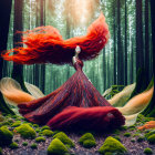 Woman in Red Gown with Fiery Hair in Mystical Forest