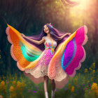 Woman twirls in colorful dress with lace wings in sunlit forest clearing