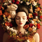 Portrait of a woman with sleeping and awake cats in floral frame
