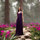 Woman in Purple Dress Surrounded by Flowers and Rocks