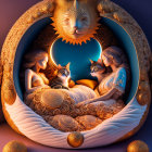 Two Women and Cats Resting in Celestial-themed Ornate Sphere