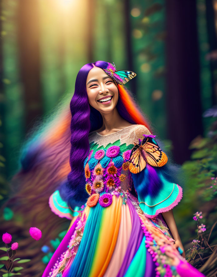 Colorful woman with butterfly in sunlit forest