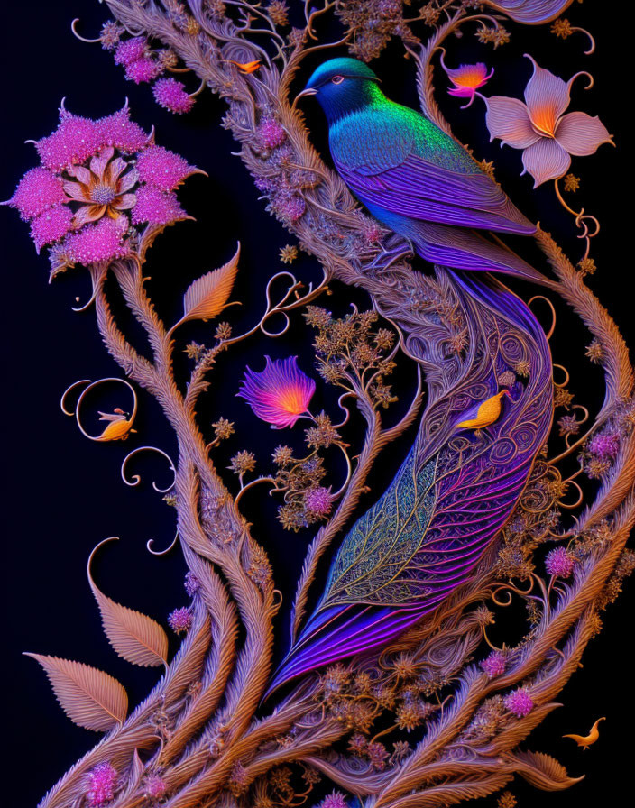 Colorful Stylized Bird Art Among Intricate Flora on Dark Background