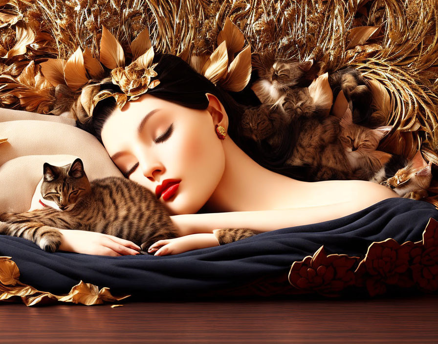 Sleeping beautiful woman with cats in Surreal arti