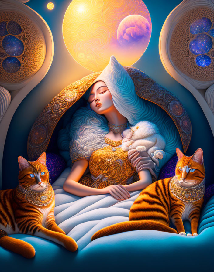 Sleeping woman with cats in Surreal artisanal bed 