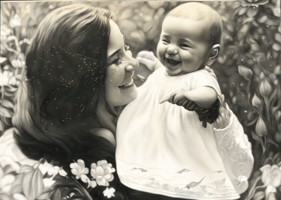 Joyful woman and laughing baby among flowers in monochromatic style
