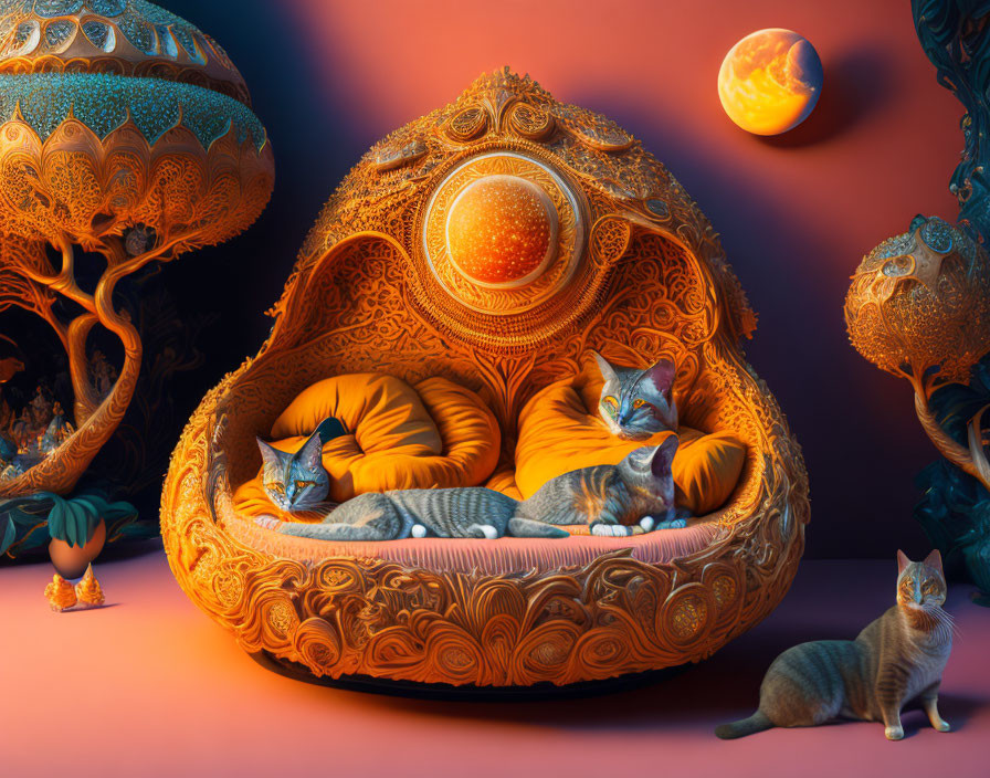 Surreal image: Cats on ornate sofa in orange-teal room