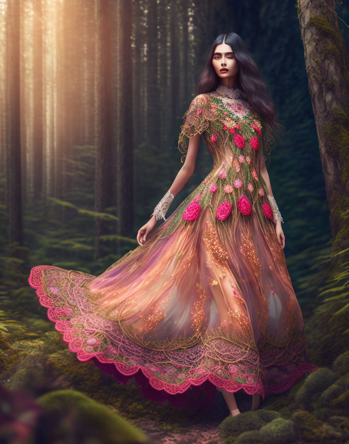 Elaborate Pink Gown Woman in Mystical Forest