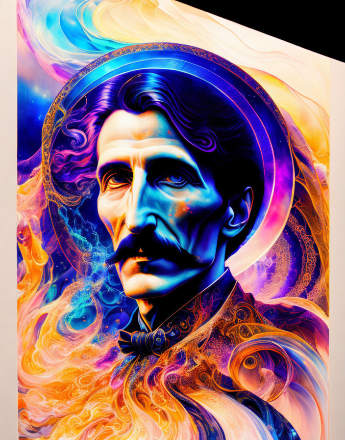 Colorful digital portrait of a man with stylized hair and mustache in cosmic setting