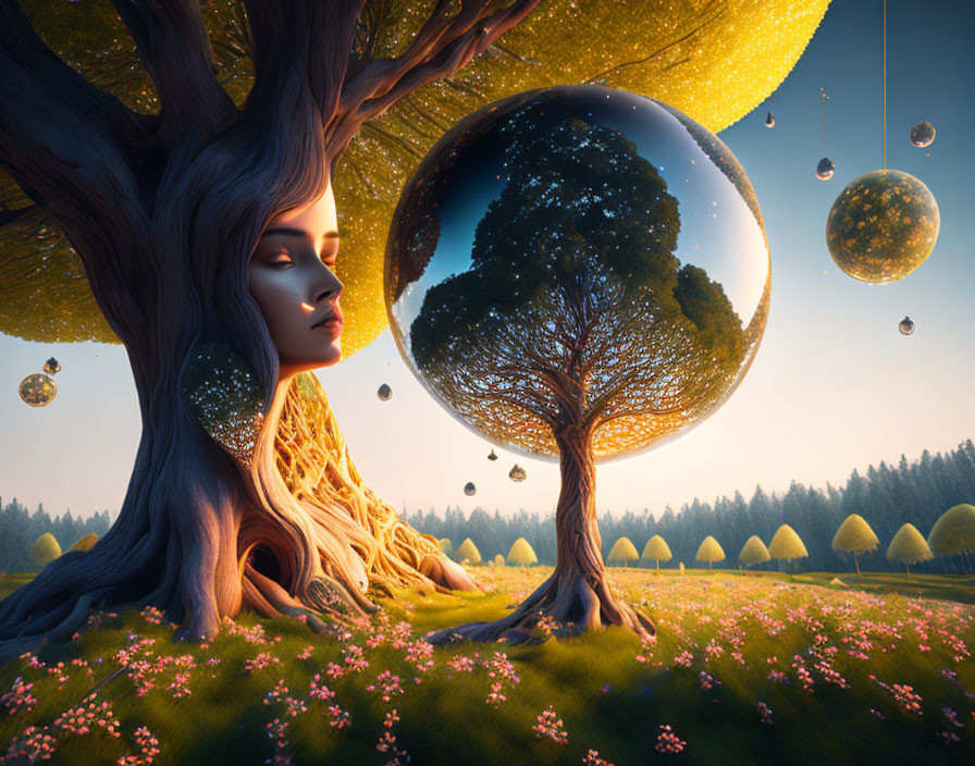Surreal forest illustration: Woman fused with tree roots, floating spheres with trees, warm golden light