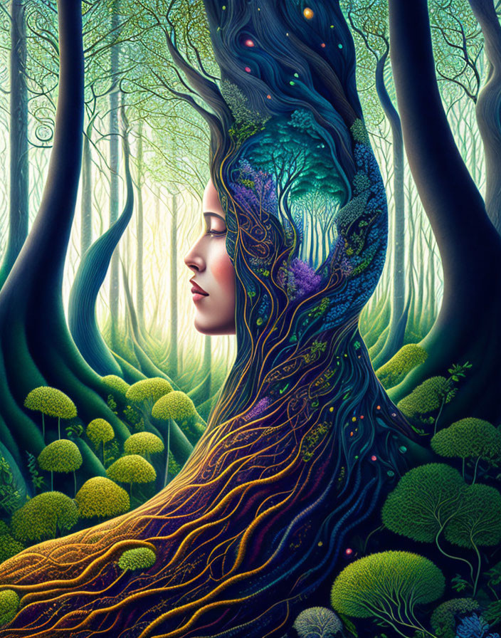 Woman merged with forest in vibrant illustration