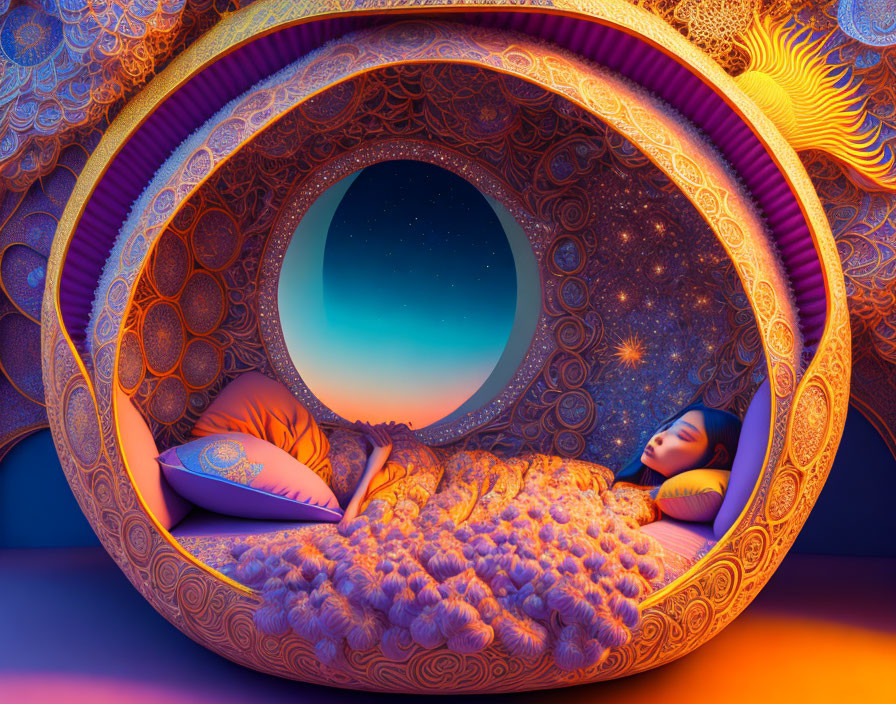 woman in Surreal artisanal bed made entirely of Su