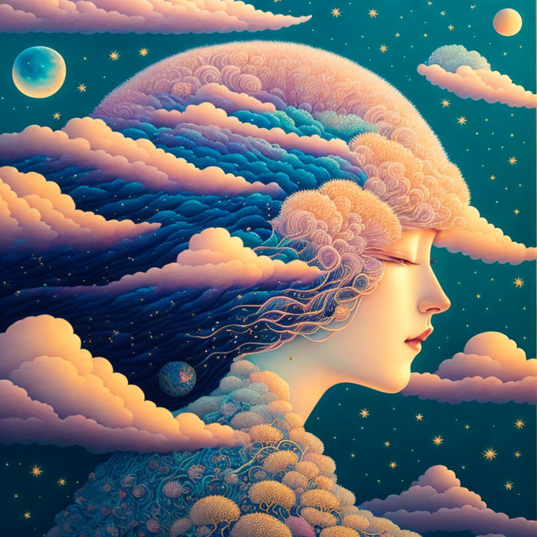 Vibrant surreal portrait of woman blending into cosmic scene