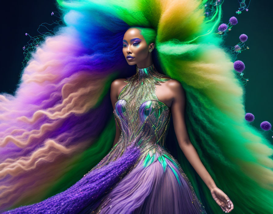 Model with vibrant multicolored hairstyle and futuristic purple dress in dark setting with floating spheres