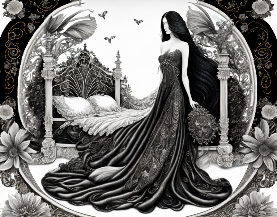 Monochrome illustration of woman with flowing hair in elegant gown beside ornate bed