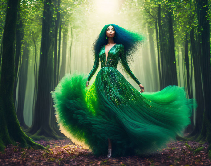 Woman in green dress in misty forest with flowing gown