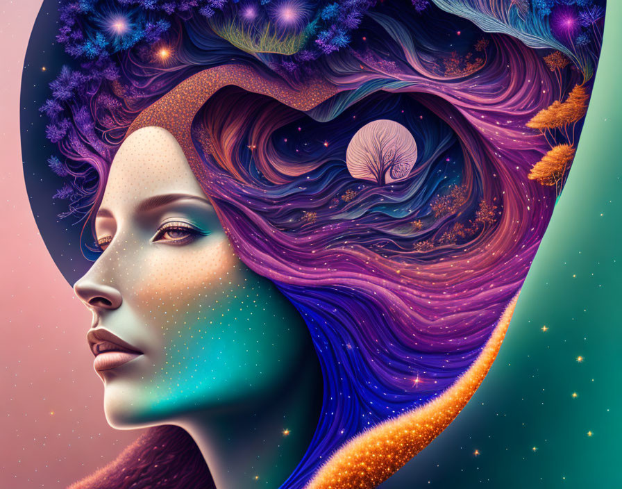 Colorful Woman Illustration with Cosmic and Floral Elements