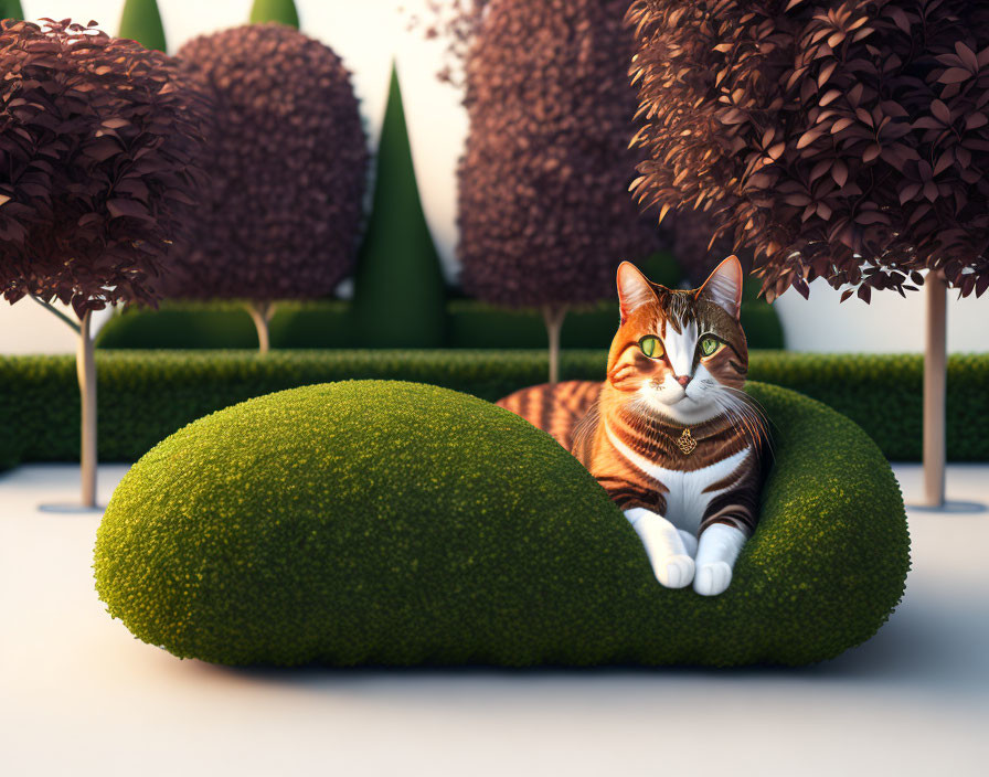 Tabby Cat with Golden Collar Relaxing in Stylized Garden