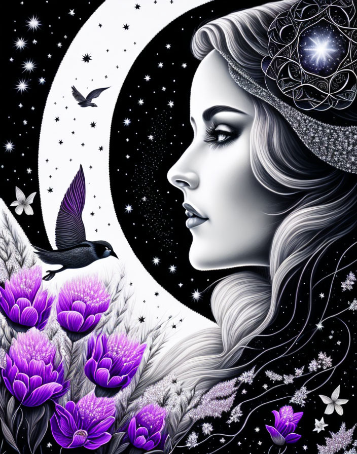 Illustration of woman with flowing hair and celestial headpiece, surrounded by moon, stars, bird,
