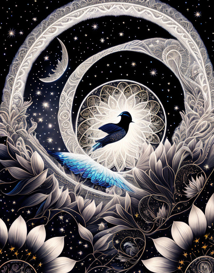 Celestial Raven Artwork with Moon, Patterns, and Flora