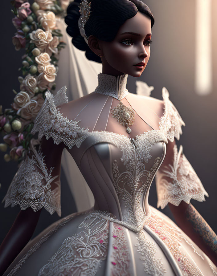a beautiful lace wedding dress on a dressmaker's d