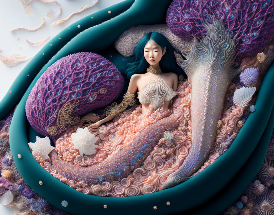 Surreal illustration: Woman merged with oceanic environment and vibrant sea life.
