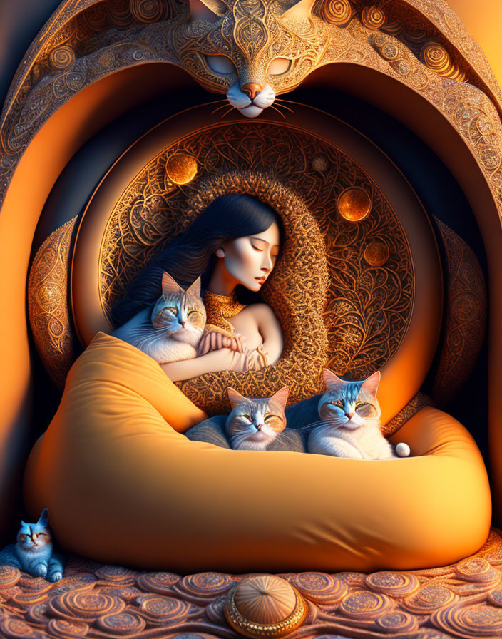 Digital illustration of woman with long hair and cats in whimsical setting.