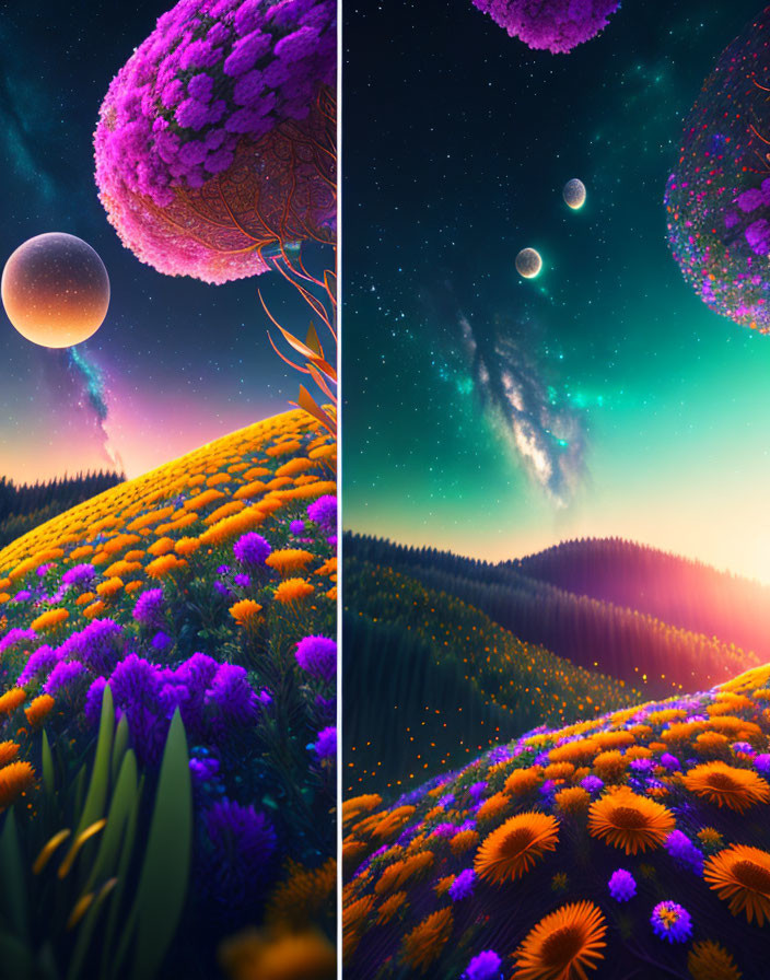 Colorful Flower Hill Under Night Sky with Moons & Floating Pink Islands