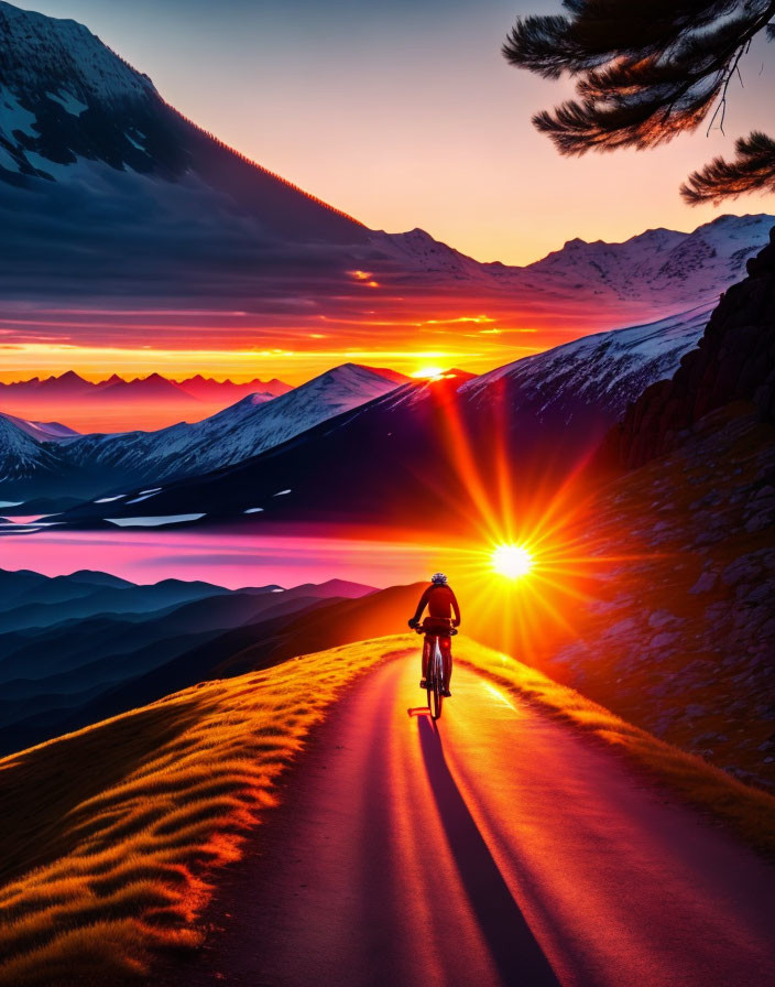 Cyclist riding on mountain road at sunset