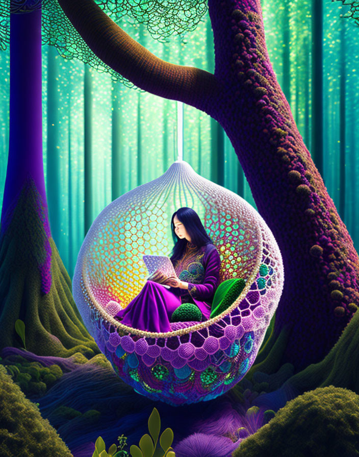 Woman reading book in woven pod chair in enchanting forest with luminescent trees and dreamy colors