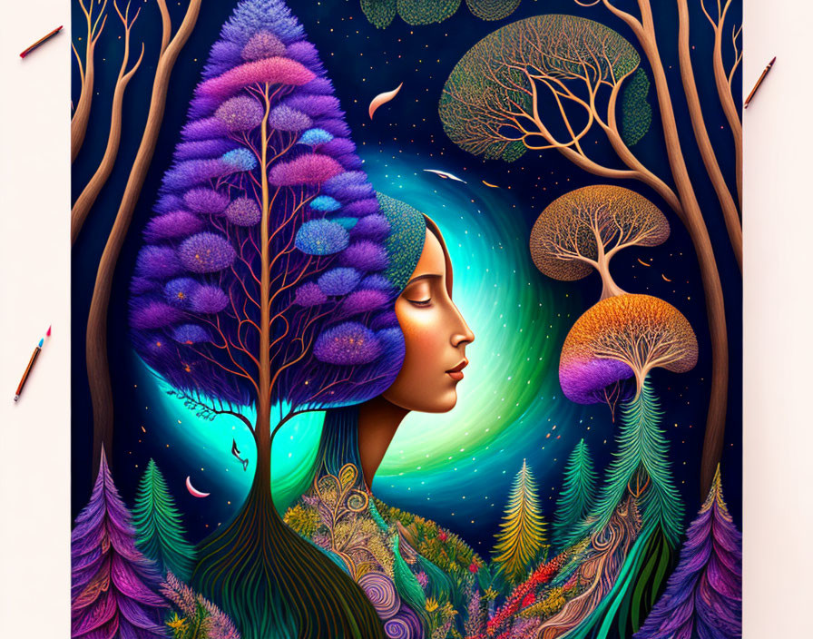 Colorful Woman's Profile Merged with Enchanted Forest