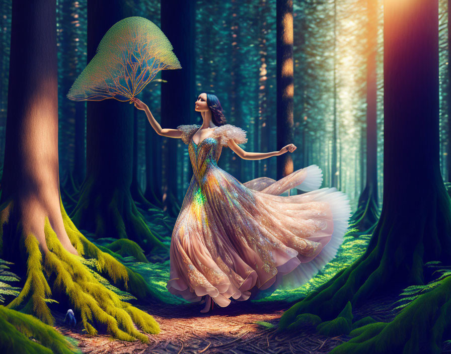 Enchanted forest scene: Woman in sparkling gown with tree-shaped fan