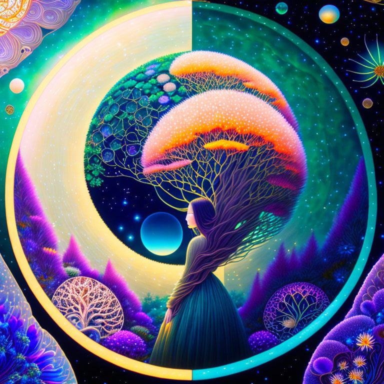 Colorful cosmic illustration: female figure, surreal landscape, glowing mushrooms, lush trees