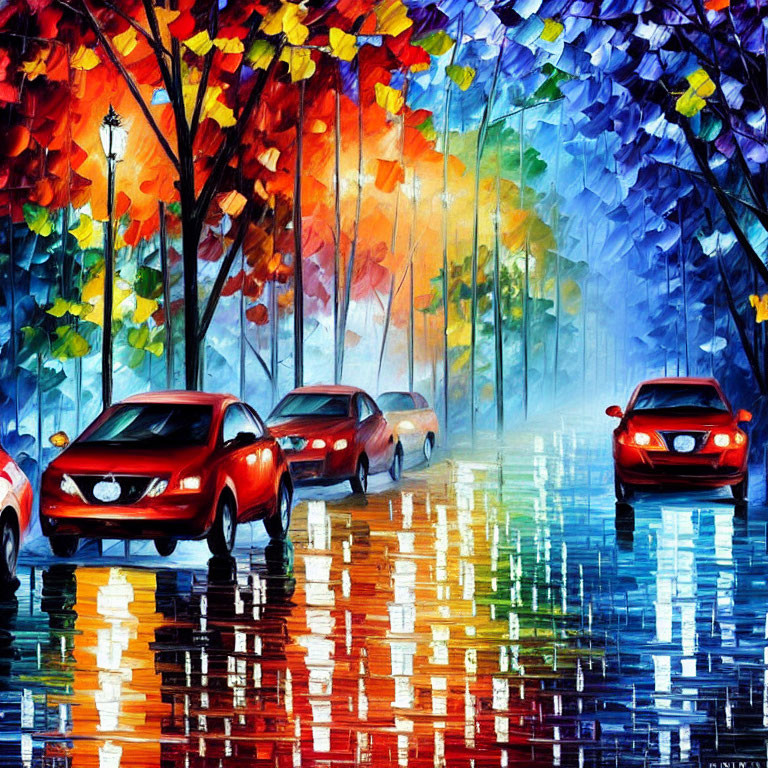 Colorful Cars on Rainy Street with Reflective Trees: Impressionistic Painting