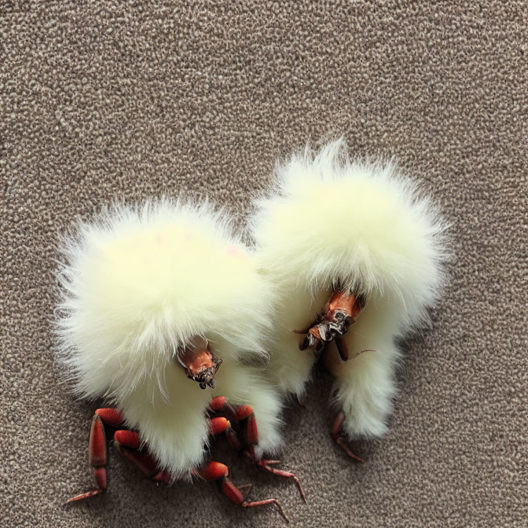 Fluffy Chicken Toys with Feather Bodies on Beige Background