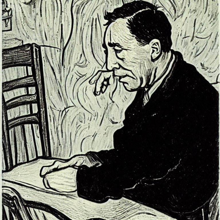 Monochrome illustration of a man in contemplation at a table with swirling background lines