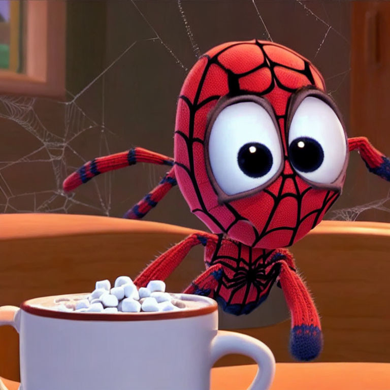 Animated Spider-Man character with big eyes in cobwebbed room setting