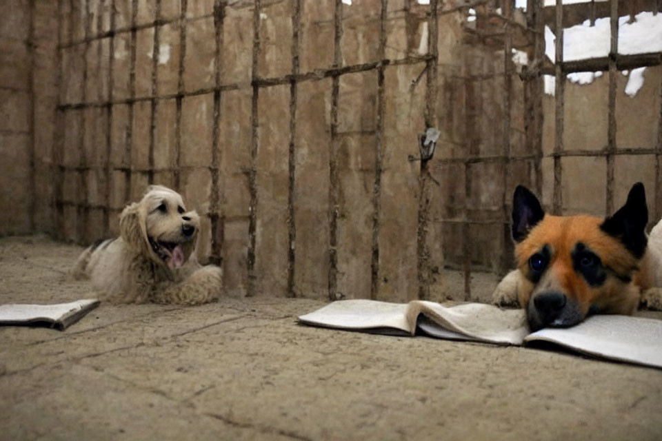 Two dogs with open book between them in bamboo-walled room
